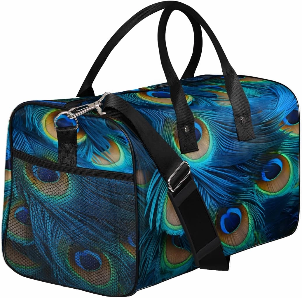 Peacock Feather Travel Duffle Bag for Women Men Foldable Waterproof Weekender Bag Carry on Tote for Overnight Sports Gym Birds Feather
