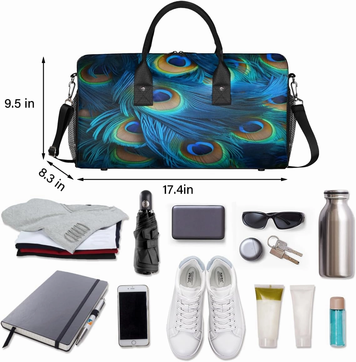 Peacock Feather Travel Duffle Bag for Women Men Foldable Waterproof Weekender Bag Carry on Tote for Overnight Sports Gym Birds Feather
