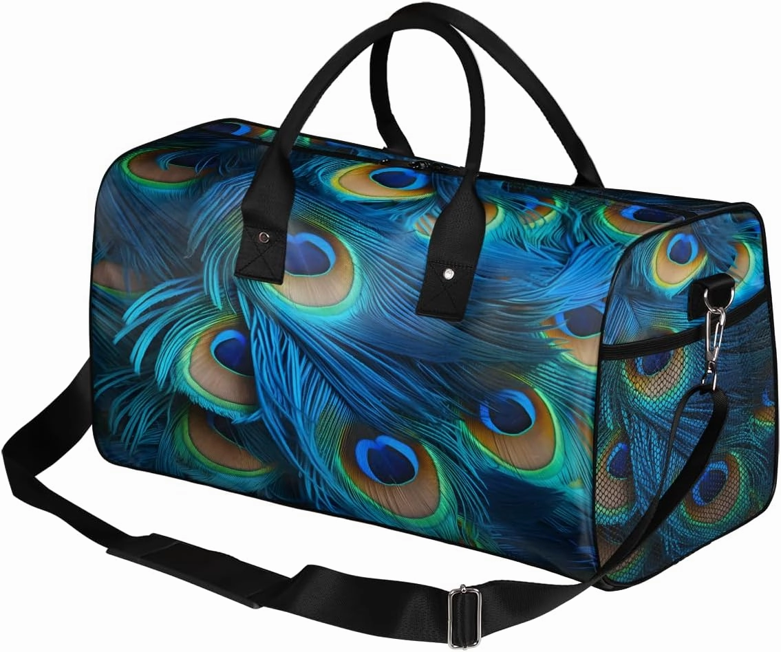 Peacock Feather Travel Duffle Bag for Women Men Foldable Waterproof Weekender Bag Carry on Tote for Overnight Sports Gym Birds Feather