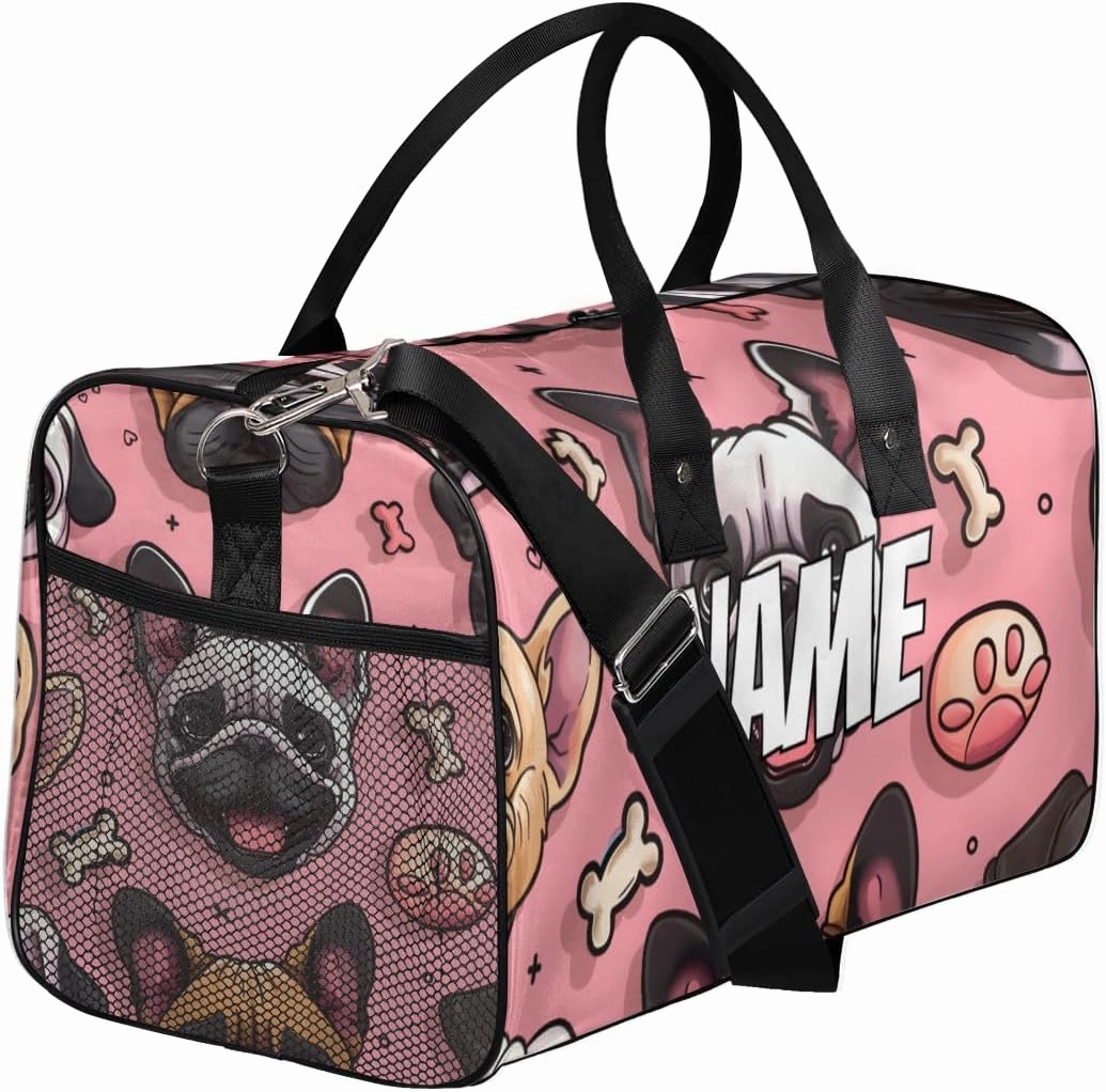 Personalized Cute Bulldog Travel Duffel Bag with Name, Custom Gym Sport Bag Cartoon Pet Carry On Weekend Overnight Duffel Bag for Men Women