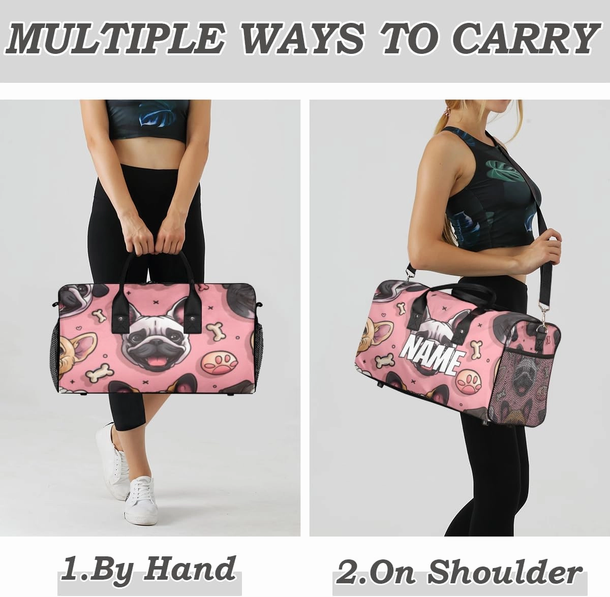 Personalized Cute Bulldog Travel Duffel Bag with Name, Custom Gym Sport Bag Cartoon Pet Carry On Weekend Overnight Duffel Bag for Men Women