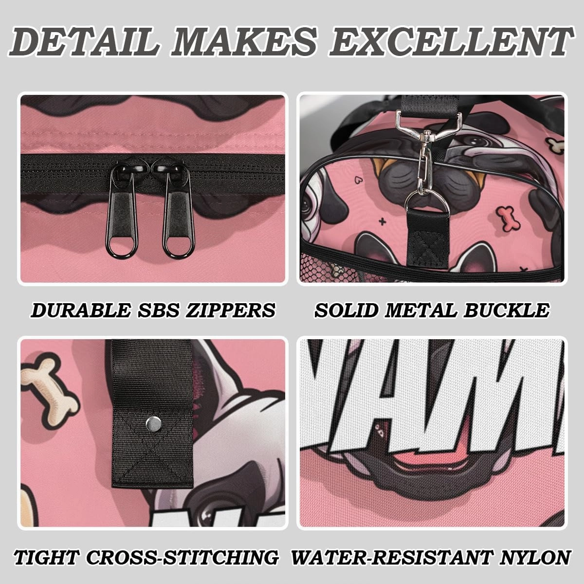 Personalized Cute Bulldog Travel Duffel Bag with Name, Custom Gym Sport Bag Cartoon Pet Carry On Weekend Overnight Duffel Bag for Men Women