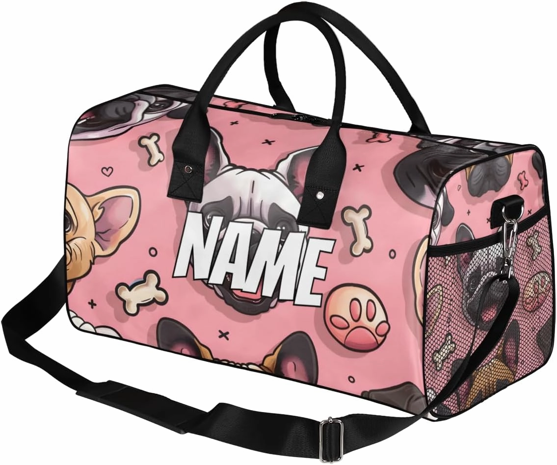 Personalized Cute Bulldog Travel Duffel Bag with Name, Custom Gym Sport Bag Cartoon Pet Carry On Weekend Overnight Duffel Bag for Men Women