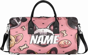 Personalized Cute Bulldog Travel Duffel Bag with Name, Custom Gym Sport Bag Cartoon Pet Carry On Weekend Overnight Duffel Bag for Men Women