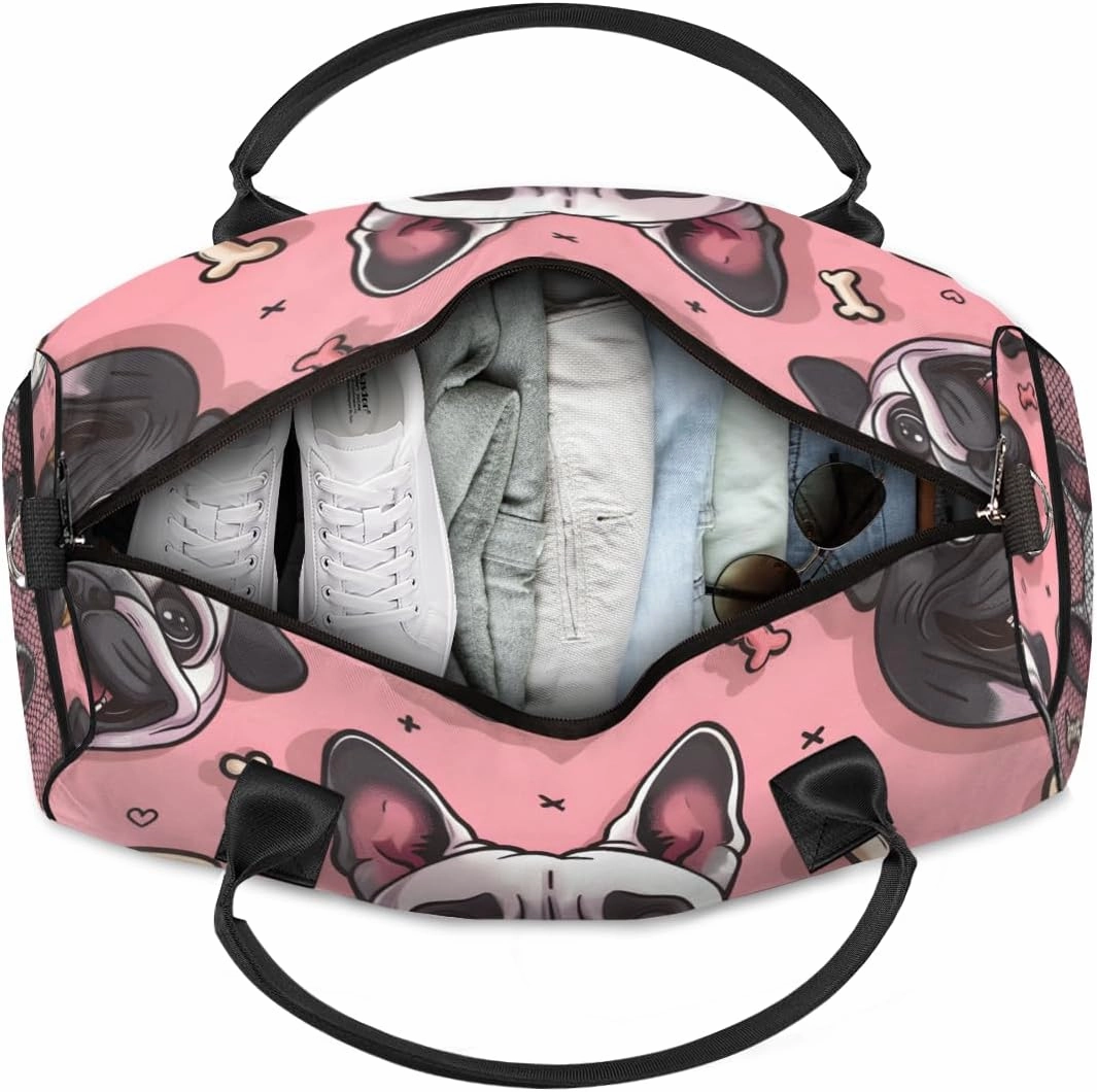 Personalized Cute Bulldog Travel Duffel Bag with Name, Custom Gym Sport Bag Cartoon Pet Carry On Weekend Overnight Duffel Bag for Men Women