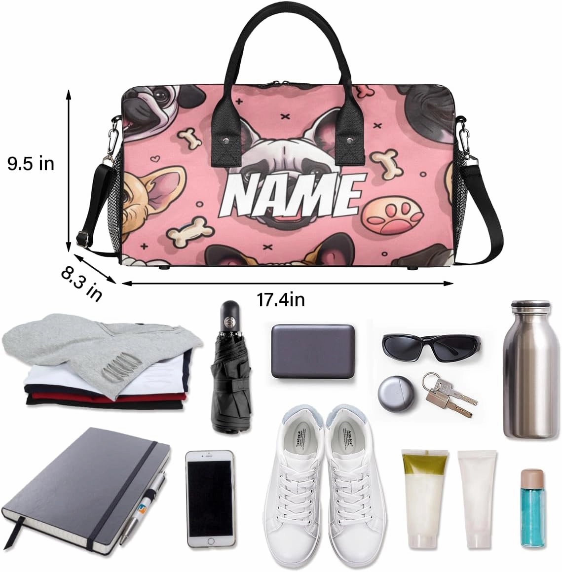 Personalized Cute Bulldog Travel Duffel Bag with Name, Custom Gym Sport Bag Cartoon Pet Carry On Weekend Overnight Duffel Bag for Men Women
