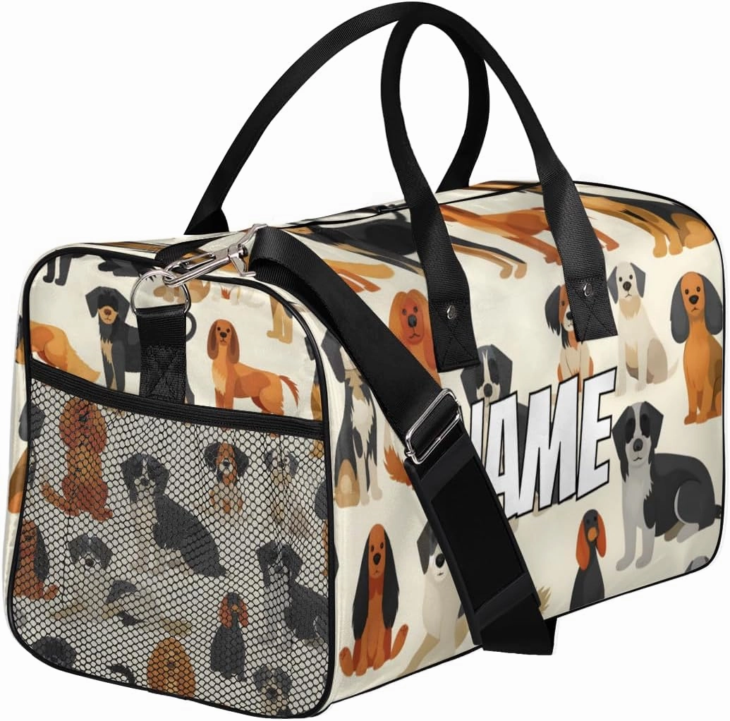 Personalized Cute Dog Travel Duffel Bag with Name, Custom Gym Sport Bag Pet Animals Carry On Weekend Overnight Duffel Bag for Men Women