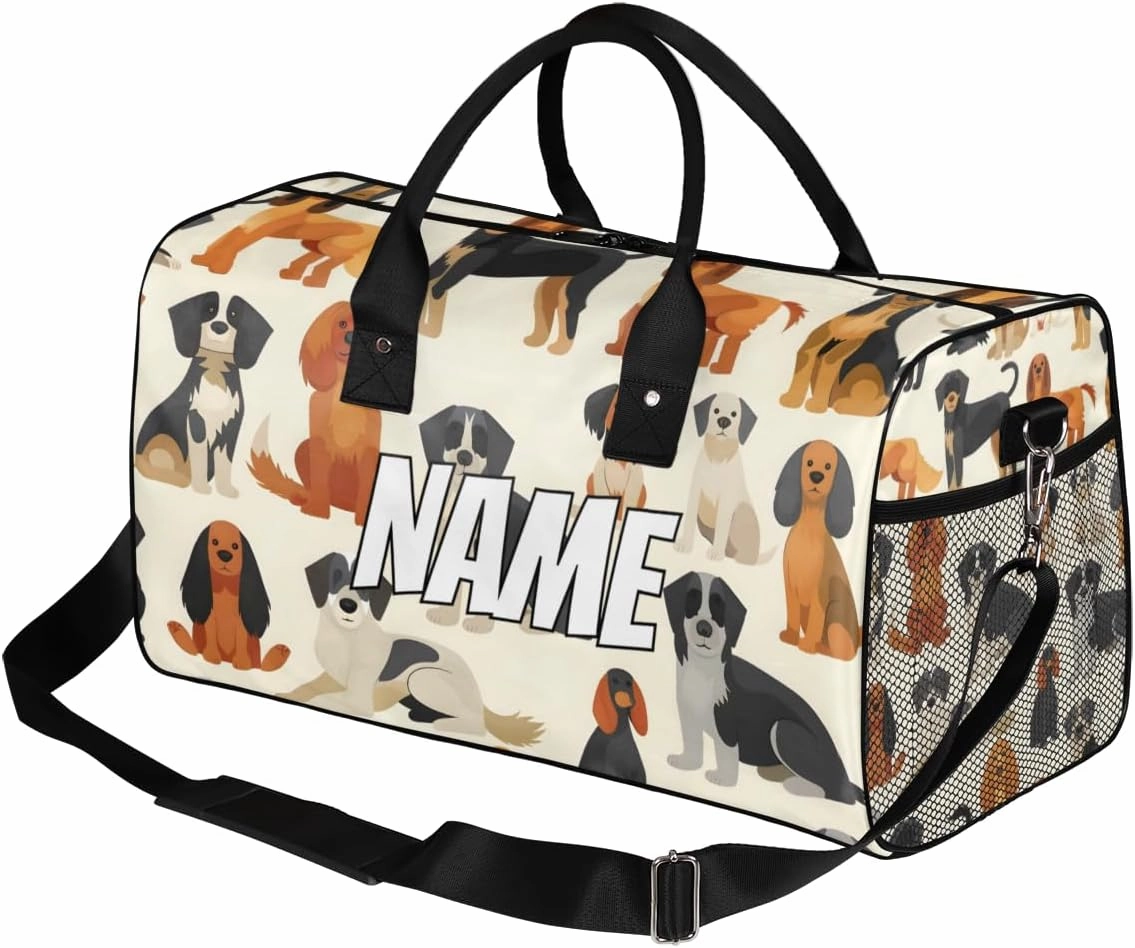 Personalized Cute Dog Travel Duffel Bag with Name, Custom Gym Sport Bag Pet Animals Carry On Weekend Overnight Duffel Bag for Men Women