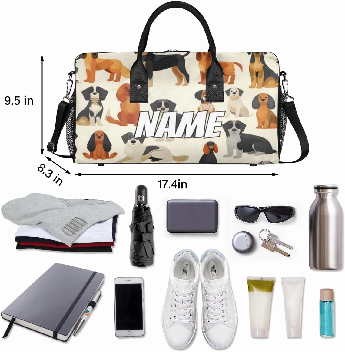 Personalized Cute Dog Travel Duffel Bag with Name, Custom Gym Sport Bag Pet Animals Carry On Weekend Overnight Duffel Bag for Men Women