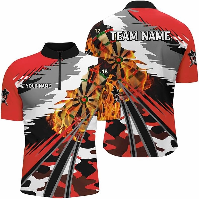 Personalized Dart Jerseys for Men, Dart Shirt, 3D Dart Board Fire Men Dart Quarter-Zip Shirts Custom Green