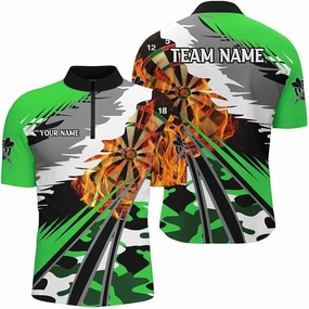 Personalized Dart Jerseys for Men, Dart Shirt, 3D Dart Board Fire Men Dart Quarter-Zip Shirts Custom Green