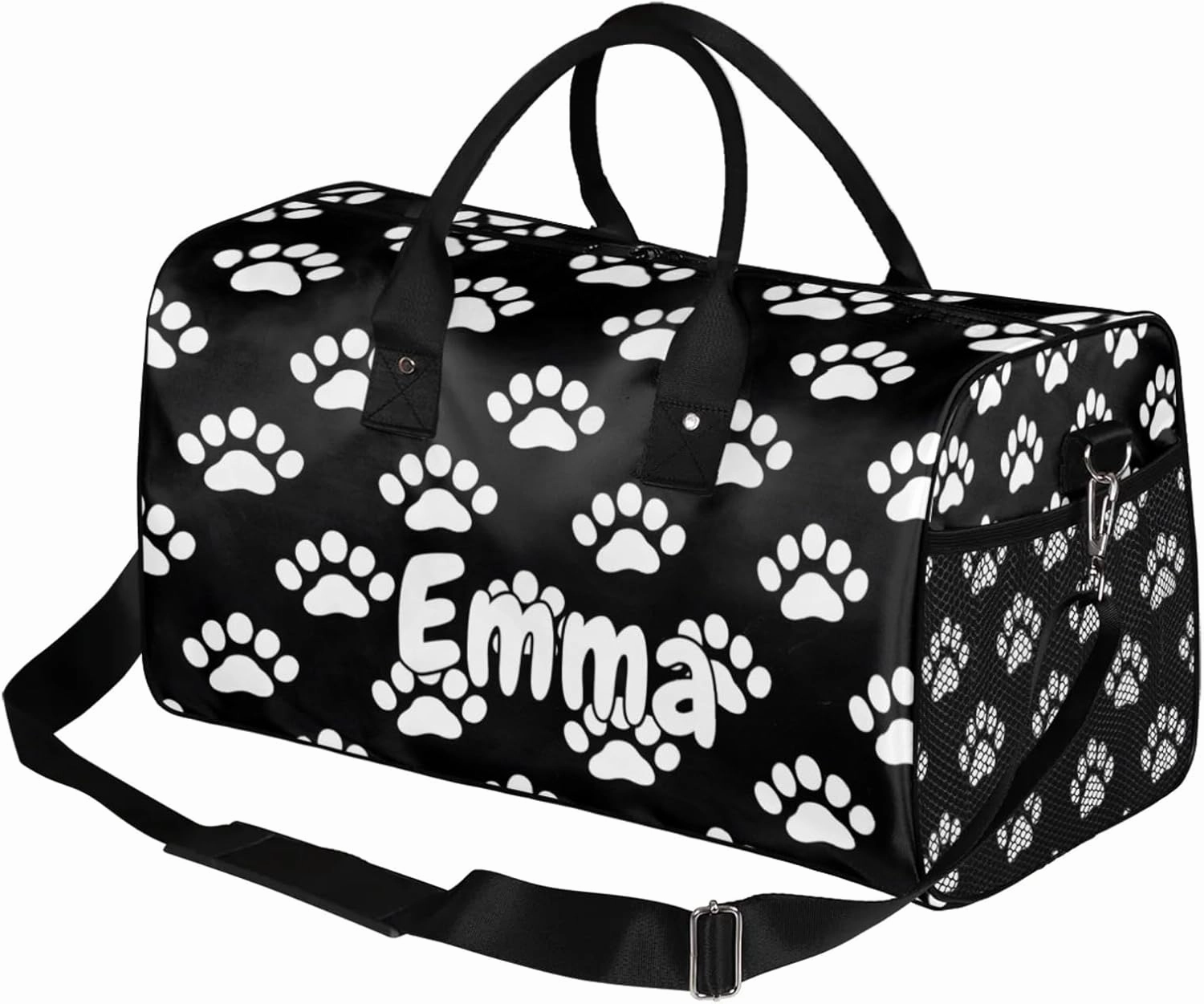 Personalized Dog Paw Print Travel Duffel Bag with Name, Custom Gym Sport Bag Black White Pet Animal Carry On Weekend Overnight Duffel Bag for Men Women