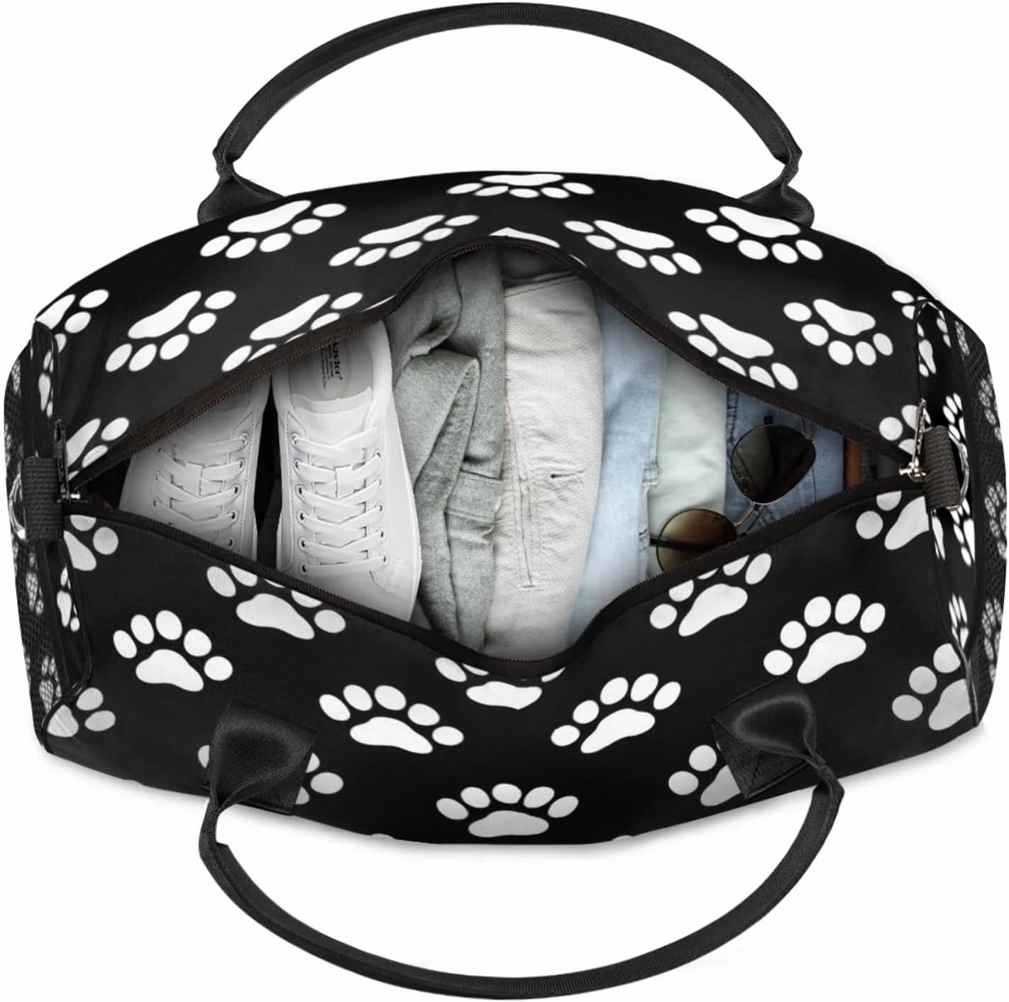 Personalized Dog Paw Print Travel Duffel Bag with Name, Custom Gym Sport Bag Black White Pet Animal Carry On Weekend Overnight Duffel Bag for Men Women