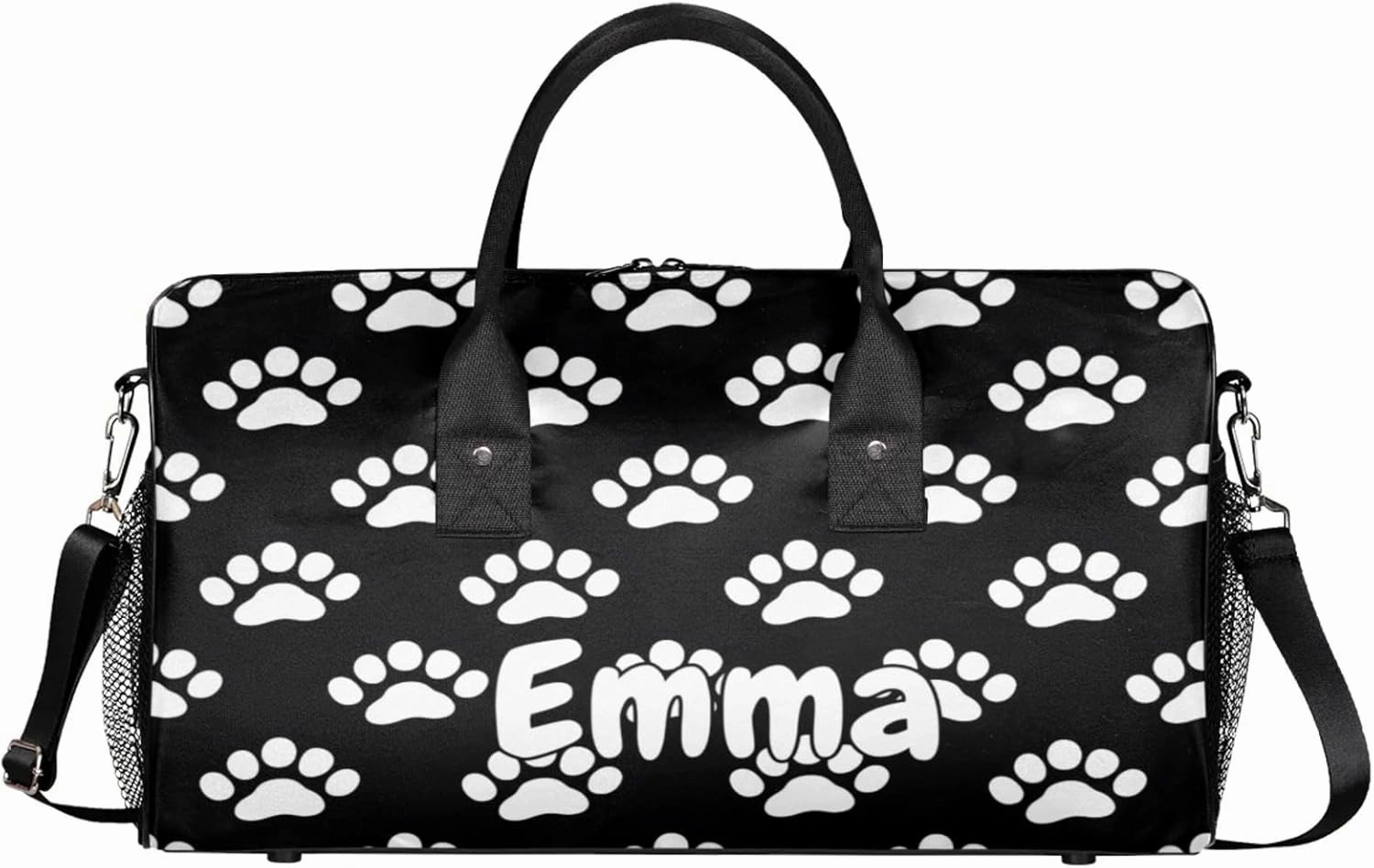 Personalized Dog Paw Print Travel Duffel Bag with Name, Custom Gym Sport Bag Black White Pet Animal Carry On Weekend Overnight Duffel Bag for Men Women