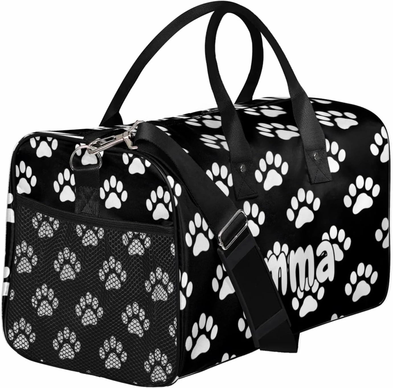 Personalized Dog Paw Print Travel Duffel Bag with Name, Custom Gym Sport Bag Black White Pet Animal Carry On Weekend Overnight Duffel Bag for Men Women