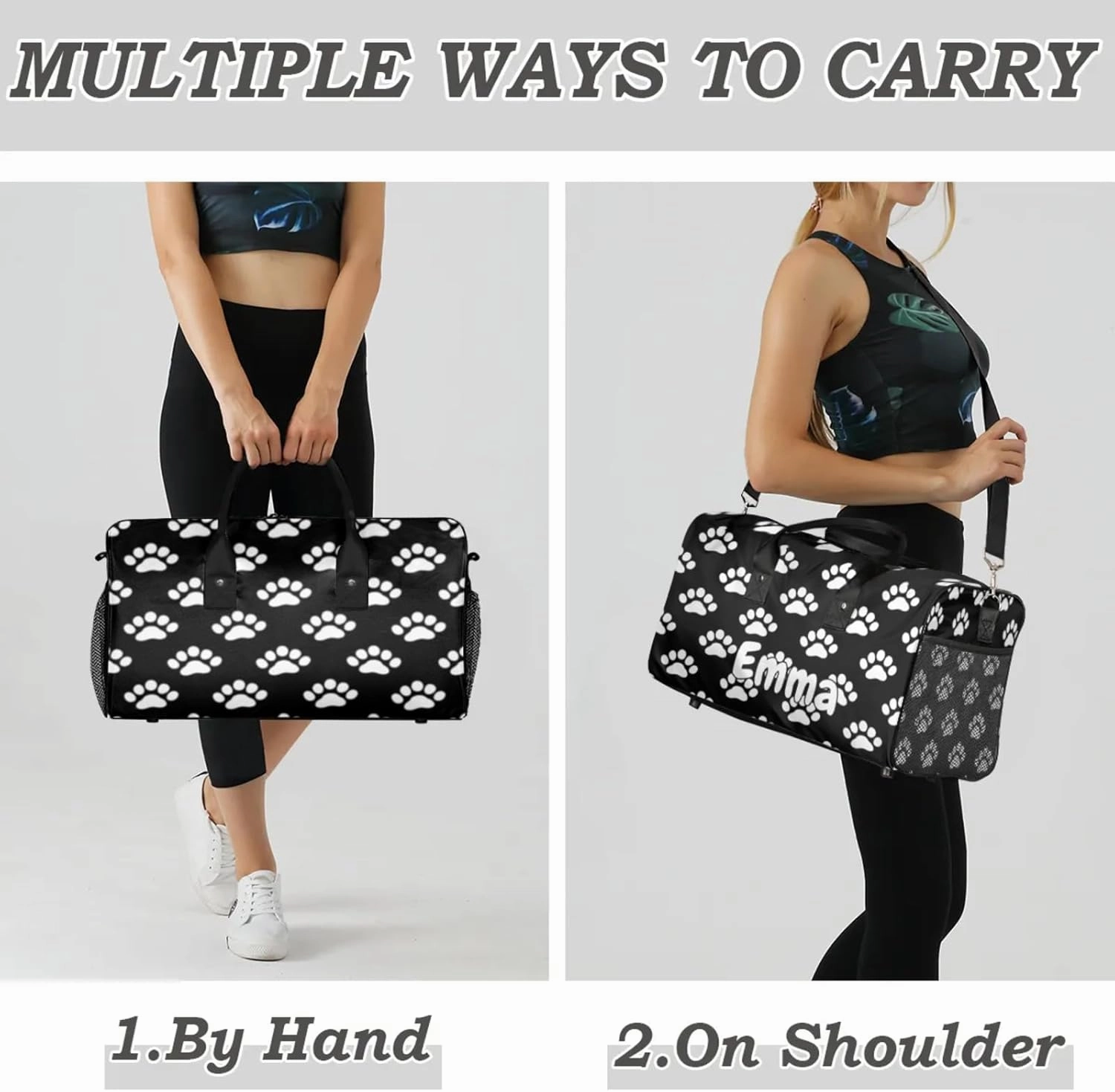 Personalized Dog Paw Print Travel Duffel Bag with Name, Custom Gym Sport Bag Black White Pet Animal Carry On Weekend Overnight Duffel Bag for Men Women