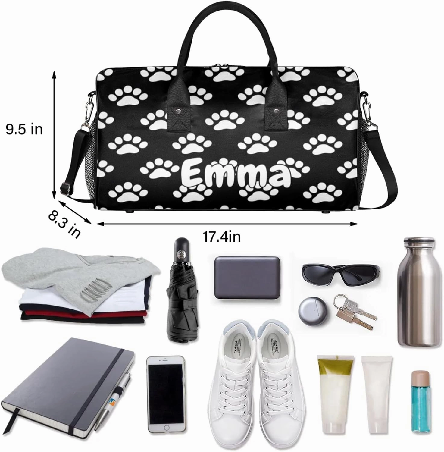 Personalized Dog Paw Print Travel Duffel Bag with Name, Custom Gym Sport Bag Black White Pet Animal Carry On Weekend Overnight Duffel Bag for Men Women