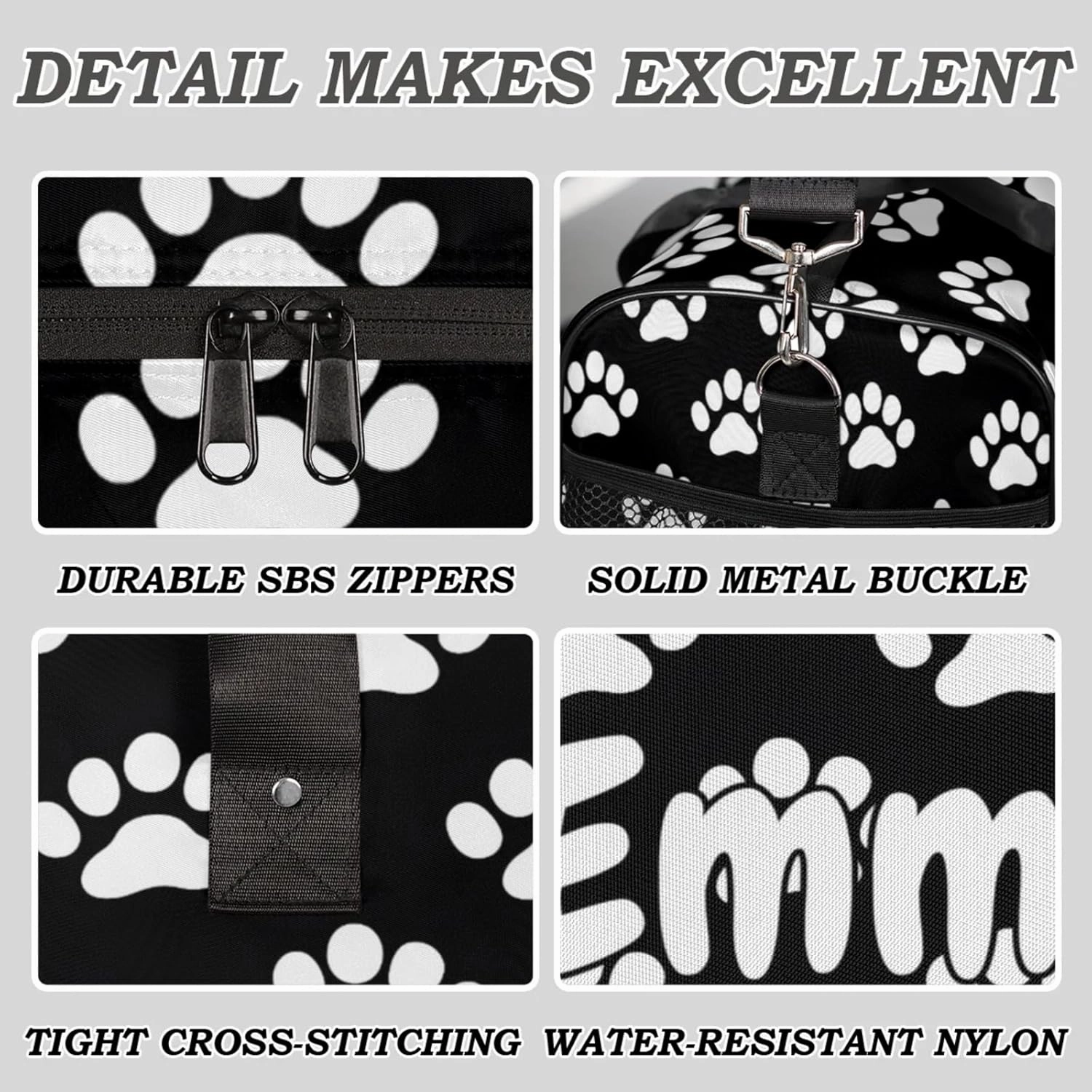 Personalized Dog Paw Print Travel Duffel Bag with Name, Custom Gym Sport Bag Black White Pet Animal Carry On Weekend Overnight Duffel Bag for Men Women