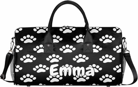 Personalized Dog Paw Print Travel Duffel Bag with Name, Custom Gym Sport Bag Black White Pet Animal Carry On Weekend Overnight Duffel Bag for Men Women