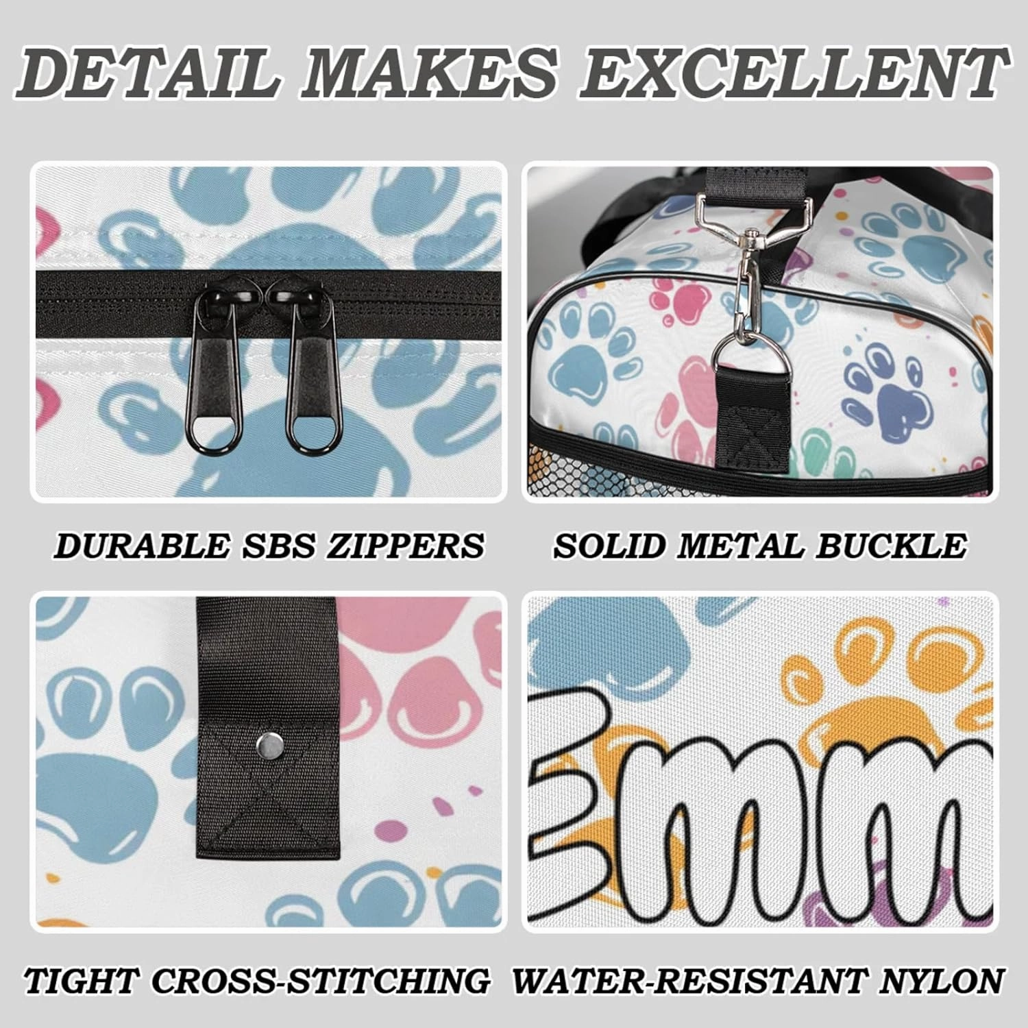 Personalized Dogs Cat Pet Paw Travel Duffel Bag with Name, Custom Gym Sport Bag Abstract Animal Footprint Carry On Weekend Overnight Duffel Bag for Men Women
