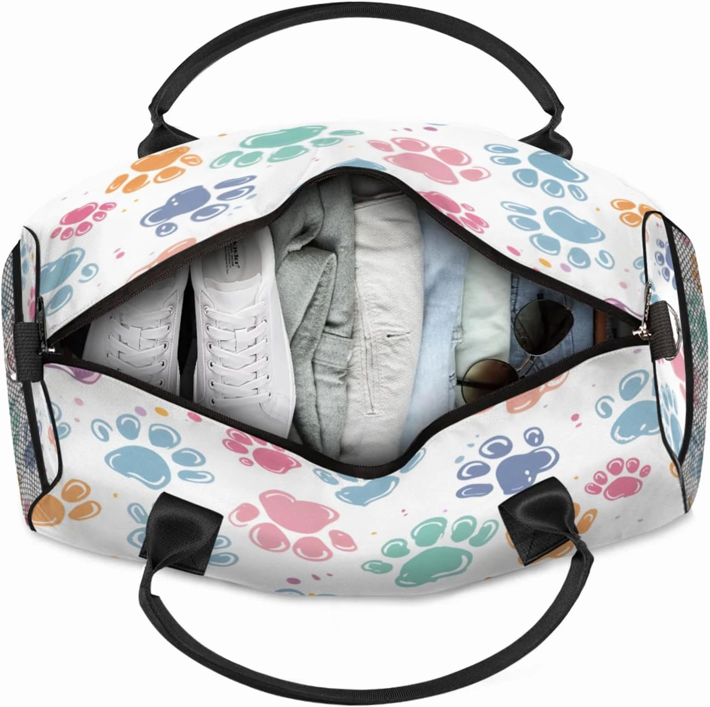 Personalized Dogs Cat Pet Paw Travel Duffel Bag with Name, Custom Gym Sport Bag Abstract Animal Footprint Carry On Weekend Overnight Duffel Bag for Men Women