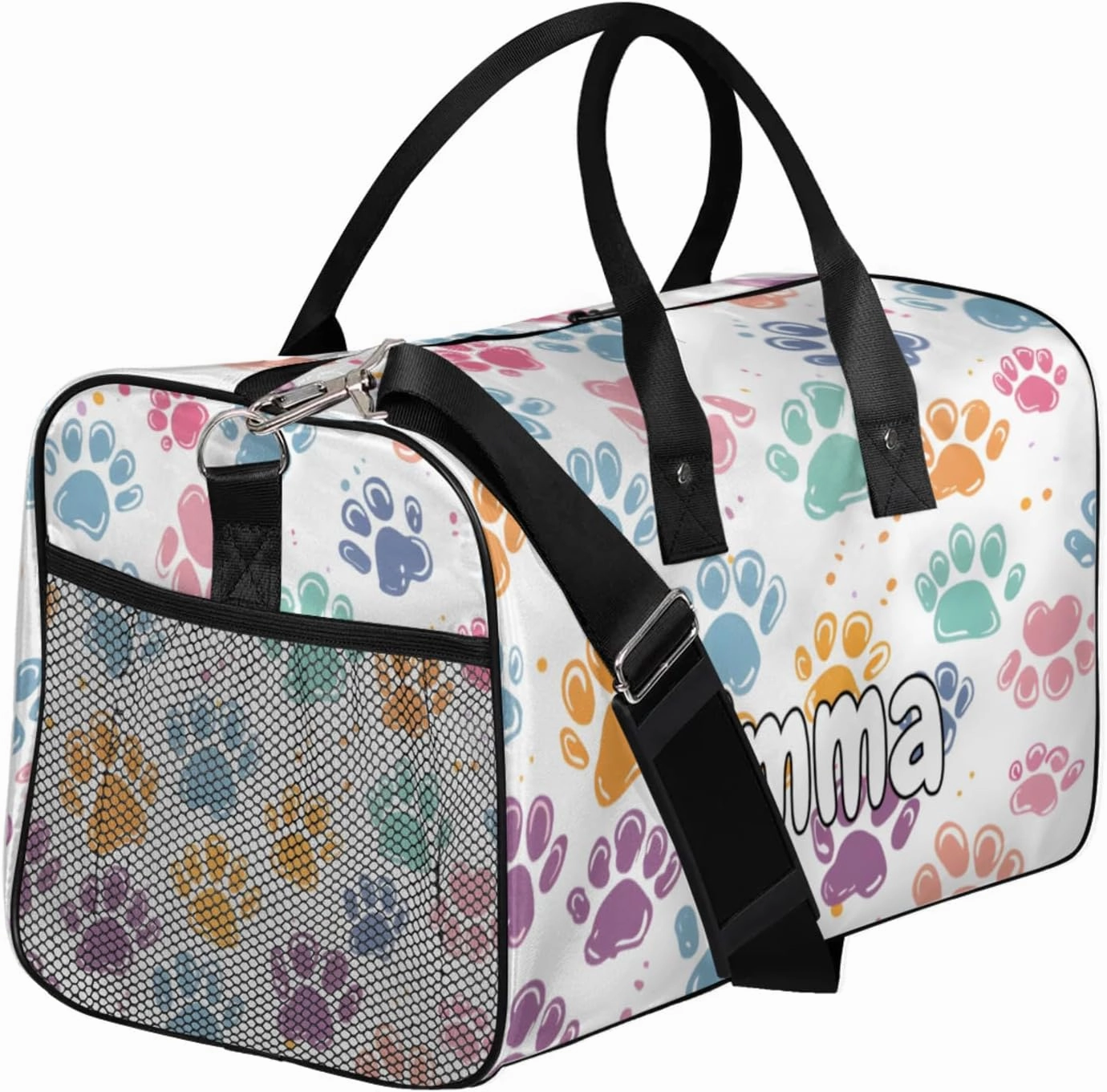 Personalized Dogs Cat Pet Paw Travel Duffel Bag with Name, Custom Gym Sport Bag Abstract Animal Footprint Carry On Weekend Overnight Duffel Bag for Men Women
