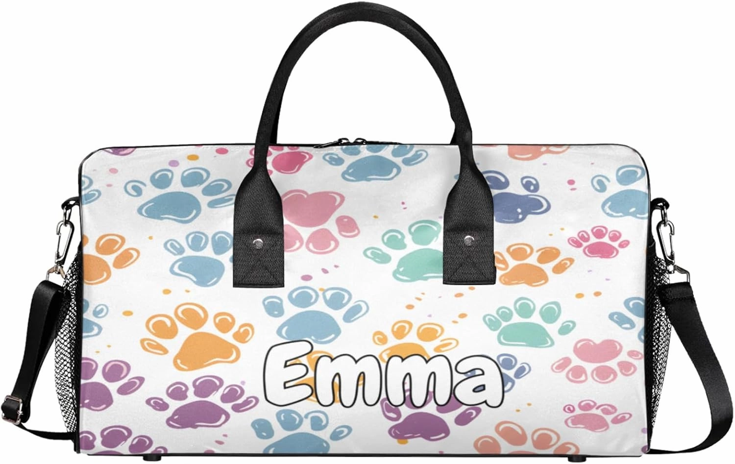 Personalized Dogs Cat Pet Paw Travel Duffel Bag with Name, Custom Gym Sport Bag Abstract Animal Footprint Carry On Weekend Overnight Duffel Bag for Men Women