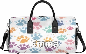 Personalized Dogs Cat Pet Paw Travel Duffel Bag with Name, Custom Gym Sport Bag Abstract Animal Footprint Carry On Weekend Overnight Duffel Bag for Men Women