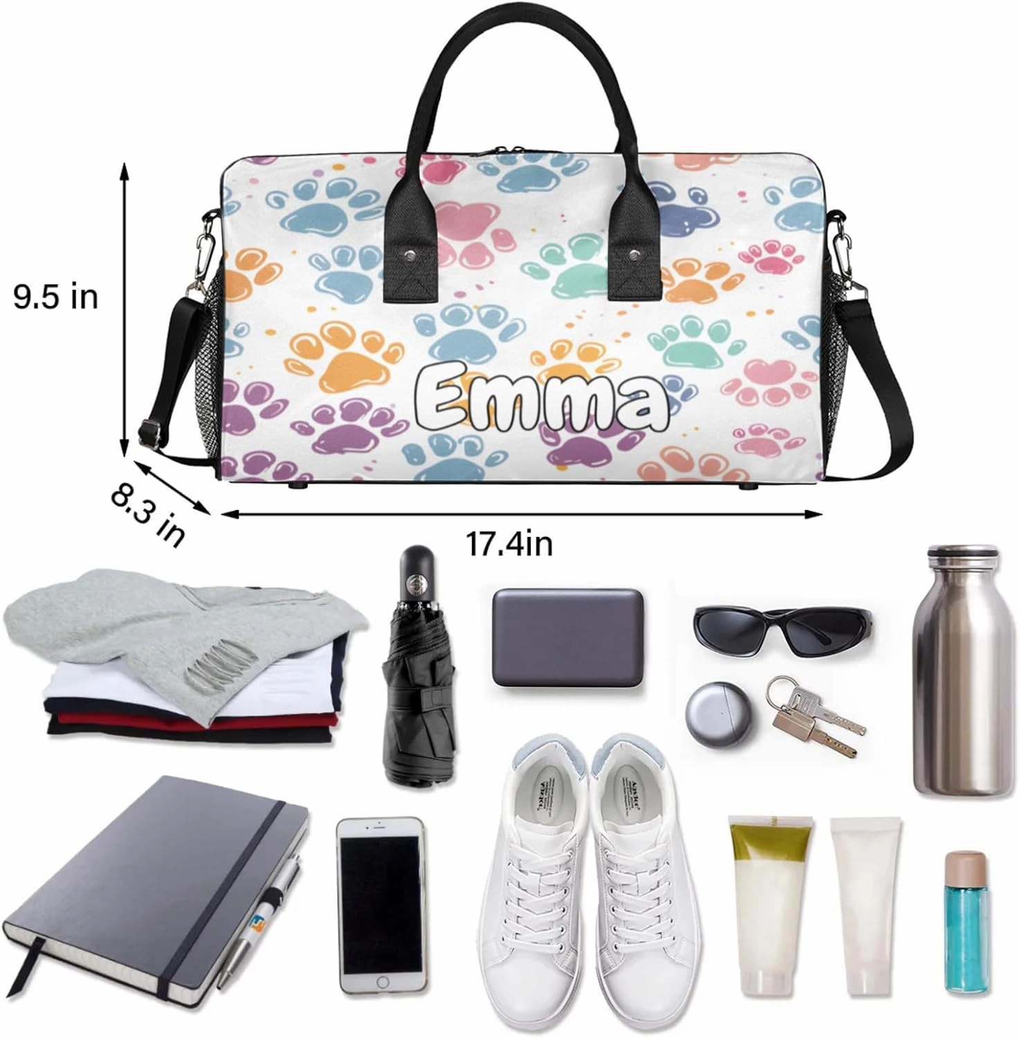 Personalized Dogs Cat Pet Paw Travel Duffel Bag with Name, Custom Gym Sport Bag Abstract Animal Footprint Carry On Weekend Overnight Duffel Bag for Men Women