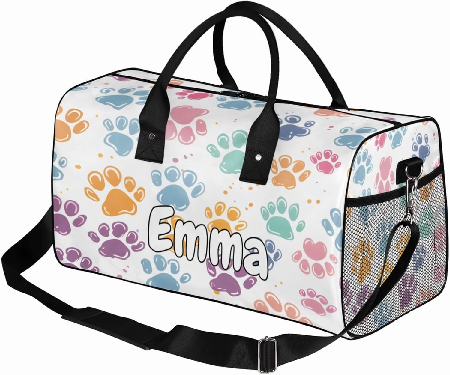 Personalized Dogs Cat Pet Paw Travel Duffel Bag with Name, Custom Gym Sport Bag Abstract Animal Footprint Carry On Weekend Overnight Duffel Bag for Men Women