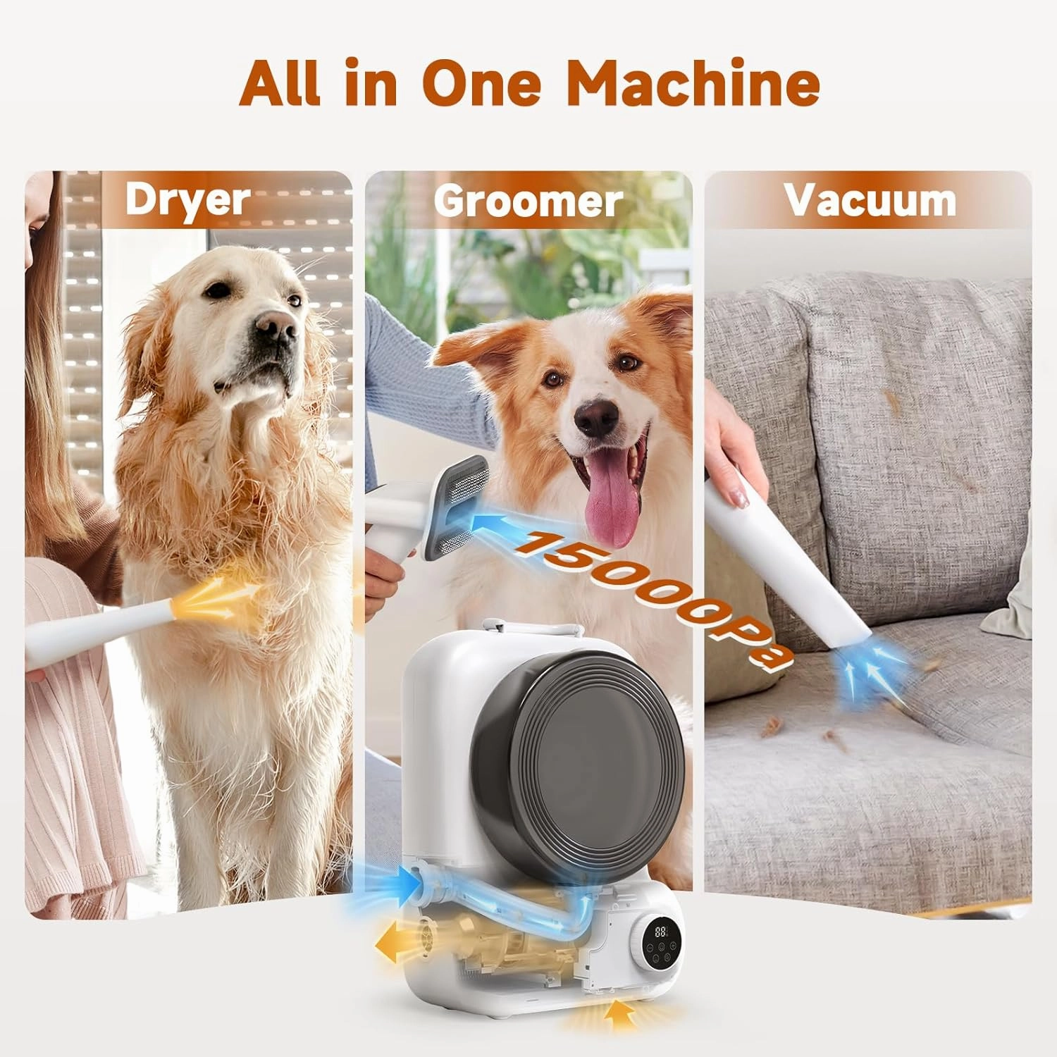 Pet Grooming Vacuum and Dryer for Dogs with 3L Large Canister, Dog Grooming Vacuum Able to Store All Attachments, Powerful 15000Pa Suction Dog Vacuum for Shedding Grooming, White