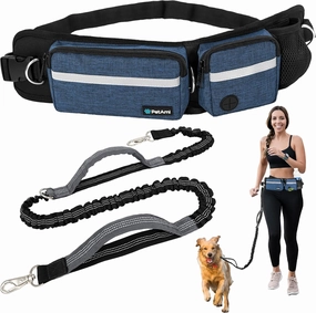 PetAmi Hands Free Dog Leash, Dog Running Leash Belt Bag for Walking, Jogging, Dog Waist Double Zipper Pouch with Poop Bag Dispenser, Dual Padded Handles Reflective Bungee Leash, Single, Navy, 1 Leash