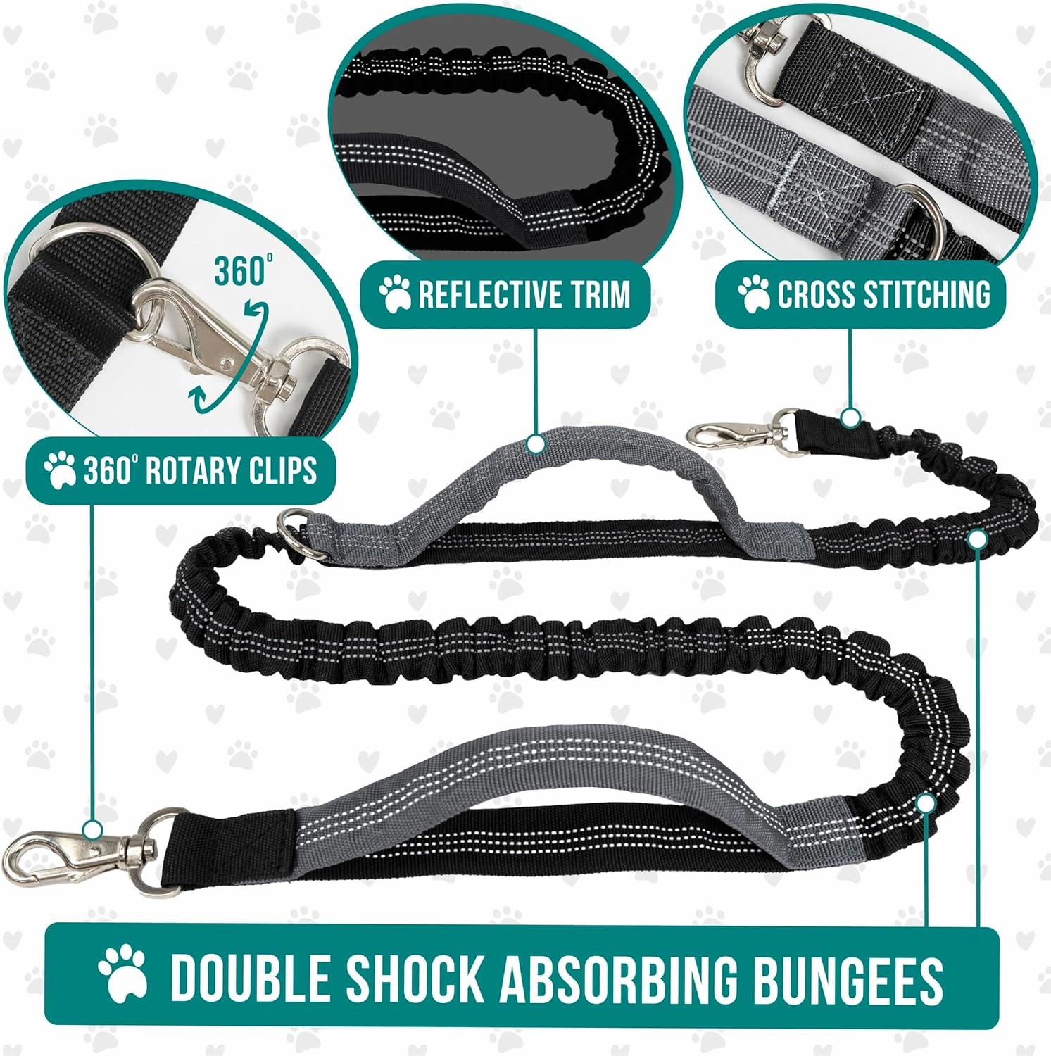 PetAmi Hands Free Dog Leash, Dog Running Leash Belt Bag for Walking, Jogging, Dog Waist Double Zipper Pouch with Poop Bag Dispenser, Dual Padded Handles Reflective Bungee Leash, Single, Navy, 1 Leash
