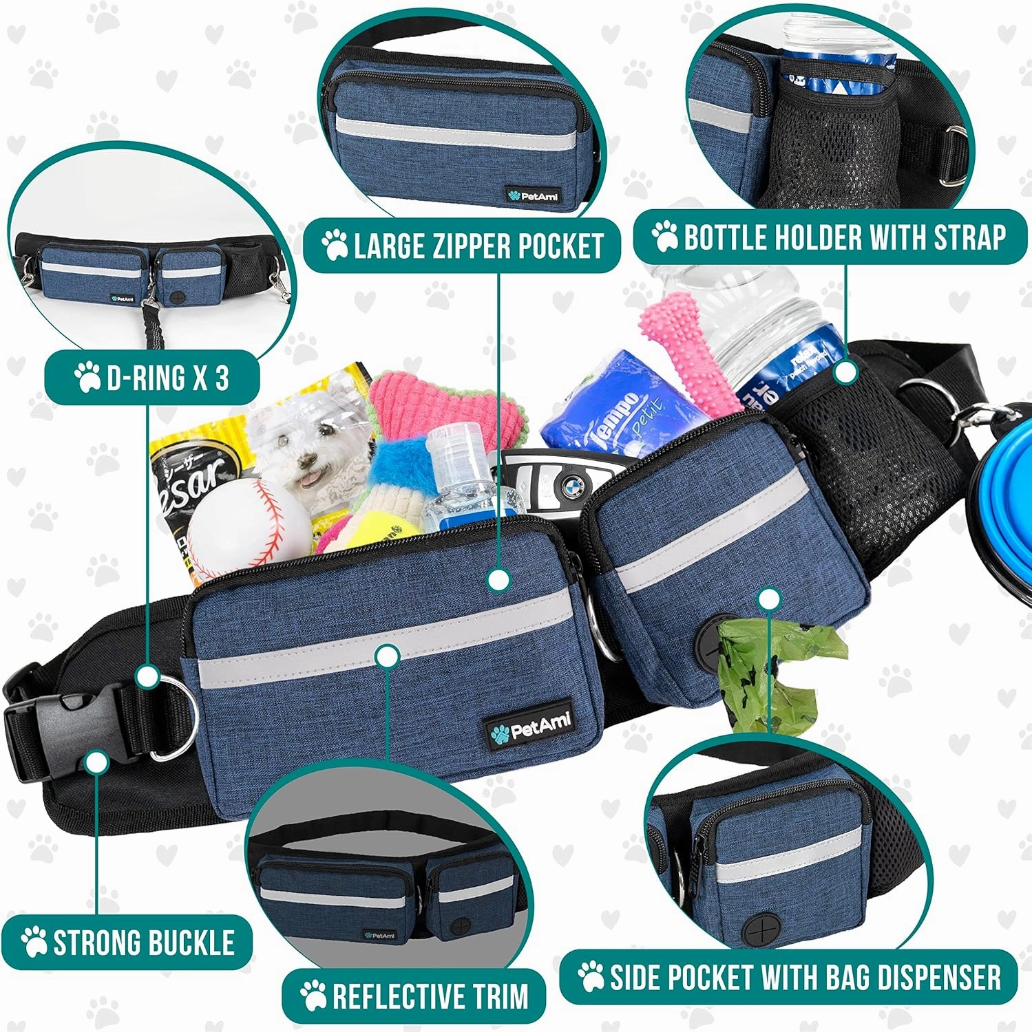 PetAmi Hands Free Dog Leash, Dog Running Leash Belt Bag for Walking, Jogging, Dog Waist Double Zipper Pouch with Poop Bag Dispenser, Dual Padded Handles Reflective Bungee Leash, Single, Navy, 1 Leash