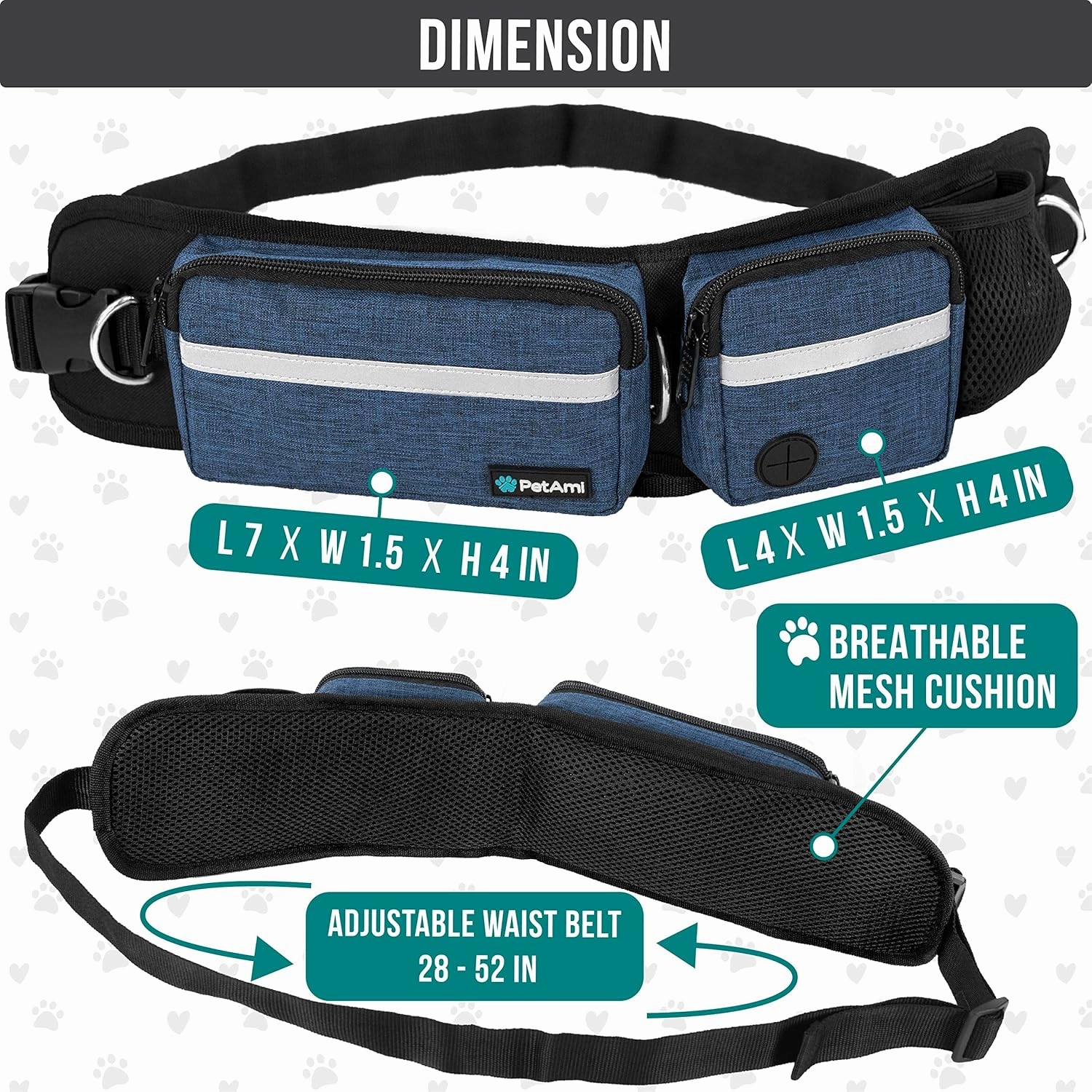 PetAmi Hands Free Dog Leash, Dog Running Leash Belt Bag for Walking, Jogging, Dog Waist Double Zipper Pouch with Poop Bag Dispenser, Dual Padded Handles Reflective Bungee Leash, Single, Navy, 1 Leash
