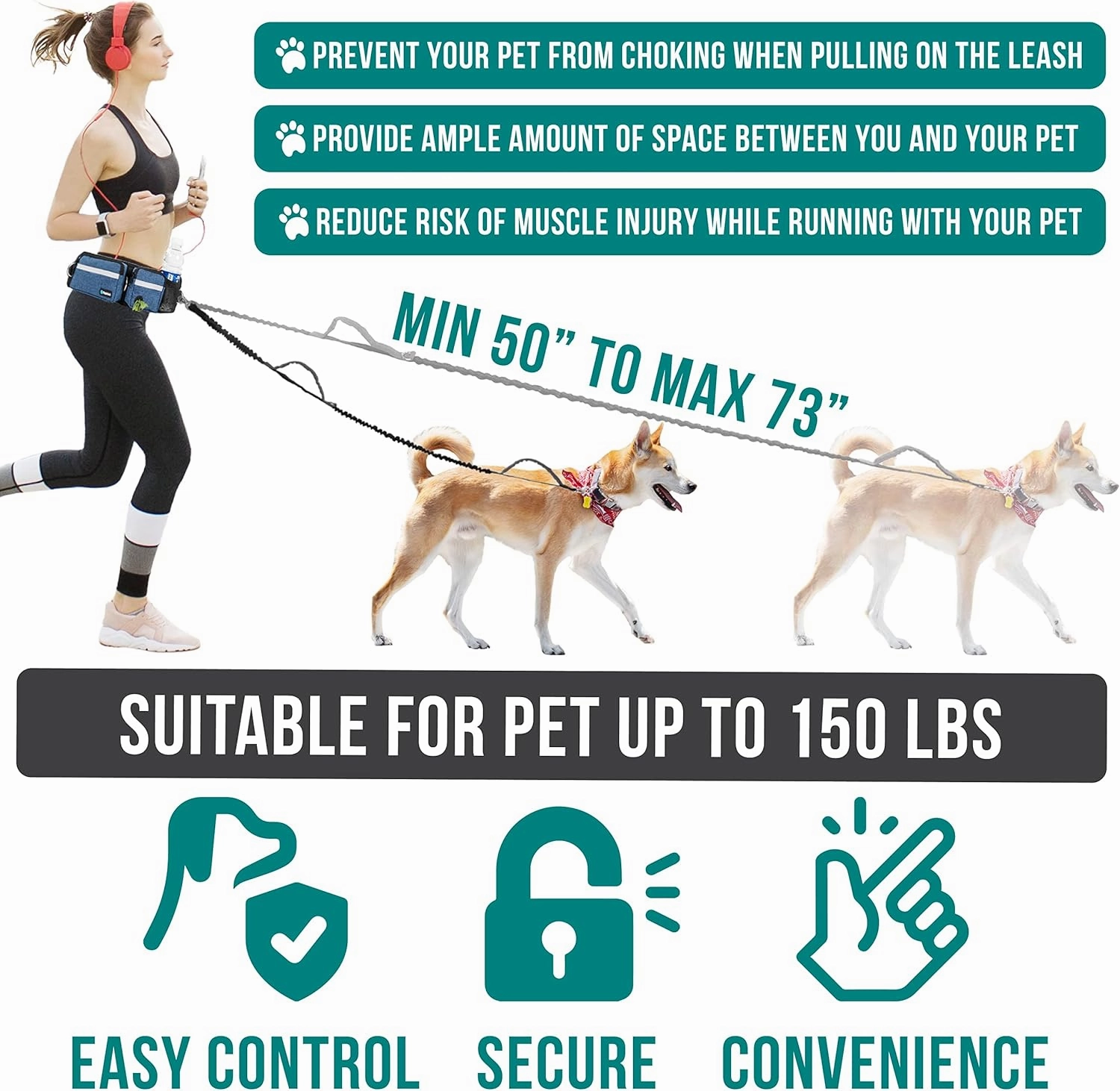 PetAmi Hands Free Dog Leash, Dog Running Leash Belt Bag for Walking, Jogging, Dog Waist Double Zipper Pouch with Poop Bag Dispenser, Dual Padded Handles Reflective Bungee Leash, Single, Navy, 1 Leash
