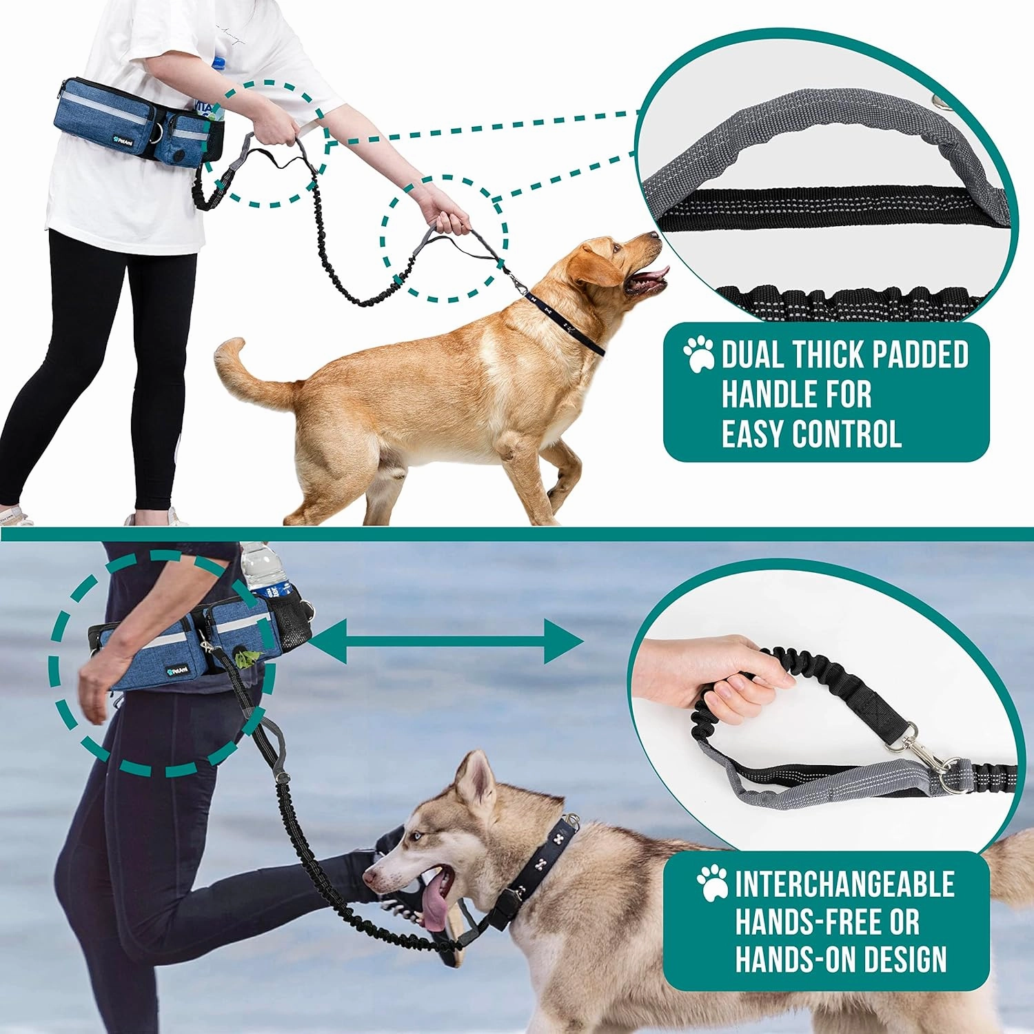 PetAmi Hands Free Dog Leash, Dog Running Leash Belt Bag for Walking, Jogging, Dog Waist Double Zipper Pouch with Poop Bag Dispenser, Dual Padded Handles Reflective Bungee Leash, Single, Navy, 1 Leash