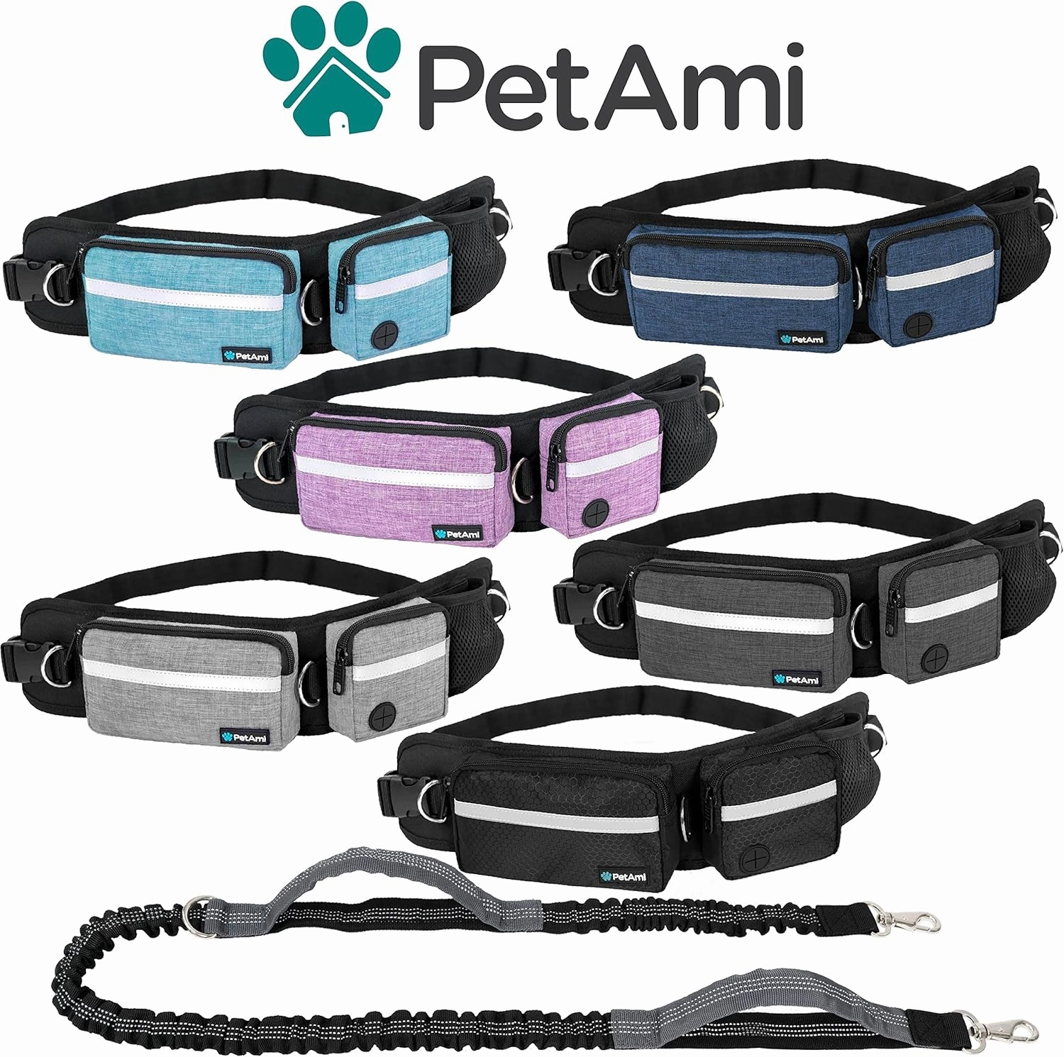 PetAmi Hands Free Dog Leash, Dog Running Leash Belt Bag for Walking, Jogging, Dog Waist Double Zipper Pouch with Poop Bag Dispenser, Dual Padded Handles Reflective Bungee Leash, Single, Navy, 1 Leash
