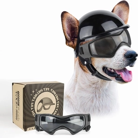 PETLESO Dog Goggles for Small Dogs with Helmet, 2PCS Doggy Sunglasses and Pet Motorcycle Helmet Set for Small Medium Breed Outdoor Driving Walking, Black
