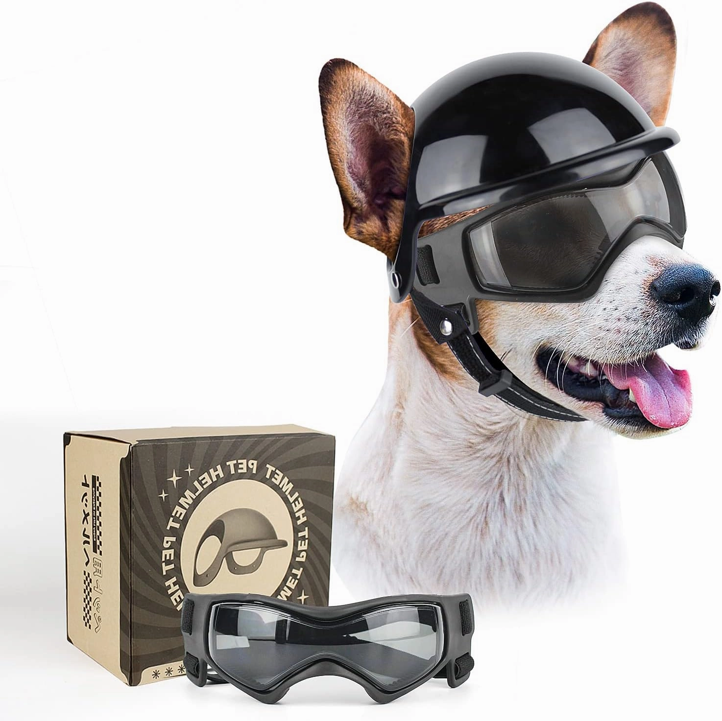 PETLESO Dog Goggles for Small Dogs with Helmet, 2PCS Doggy Sunglasses and Pet Motorcycle Helmet Set for Small Medium Breed Outdoor Driving Walking, Black