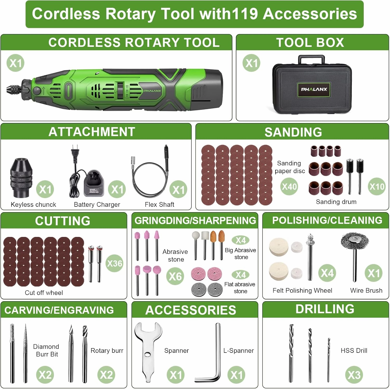 PHALANX 12V Cordless Rotary Tool Kit with Keyless Chuck, 6-Speeds 5000-32000RPM, 119 Accessories with Flex Shaft, Idea for Cutting, Grinding, Wood Carving- Include 2.0AH Battery, Charger