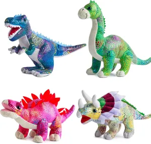 Plush Dinosaur Stuffed Animal Set of 4 Soft Dinosaurs, 12" Stuffed Dinosaur Set includes T-Rex Brachiosaurus Stegosaurus and Triceratops Toys for Boys, volcano toys for kids 3-5