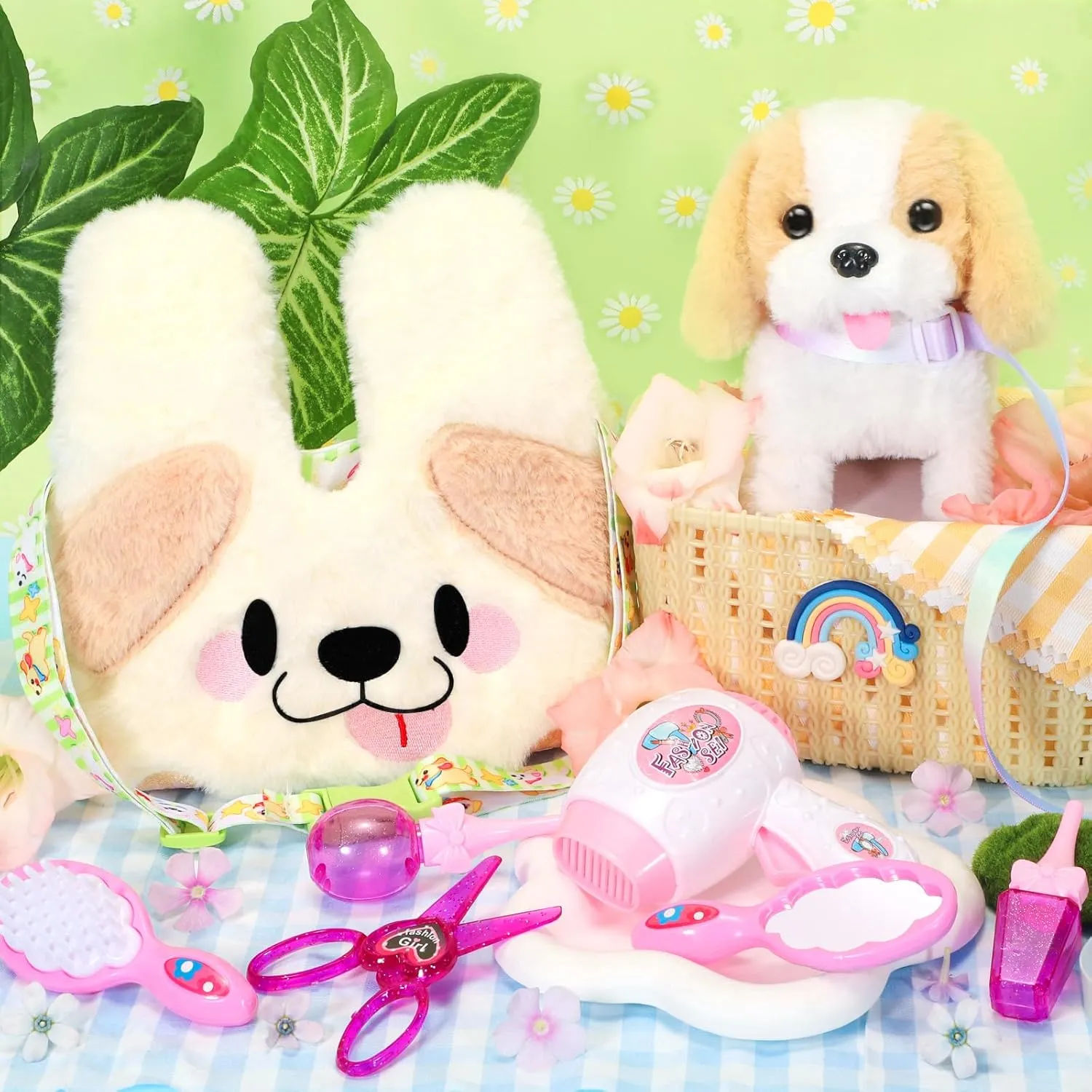 Plush Dog Toys for Kids with Crossbody Bags, Puppy Robot Dog with Leash Walking Barking Tail Wagging, Pretend Play Pet Care Cute Stuff Electronic Interactive Toddler Toys Birthday Gifts