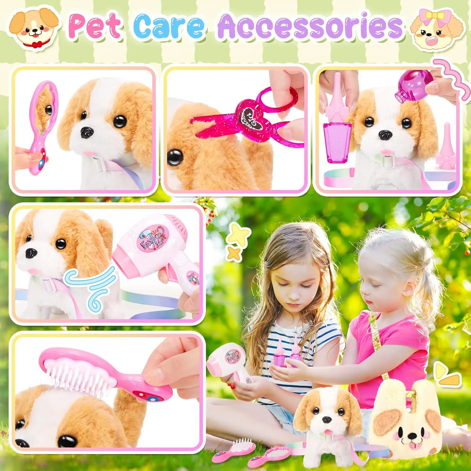 Plush Dog Toys for Kids with Crossbody Bags, Puppy Robot Dog with Leash Walking Barking Tail Wagging, Pretend Play Pet Care Cute Stuff Electronic Interactive Toddler Toys Birthday Gifts