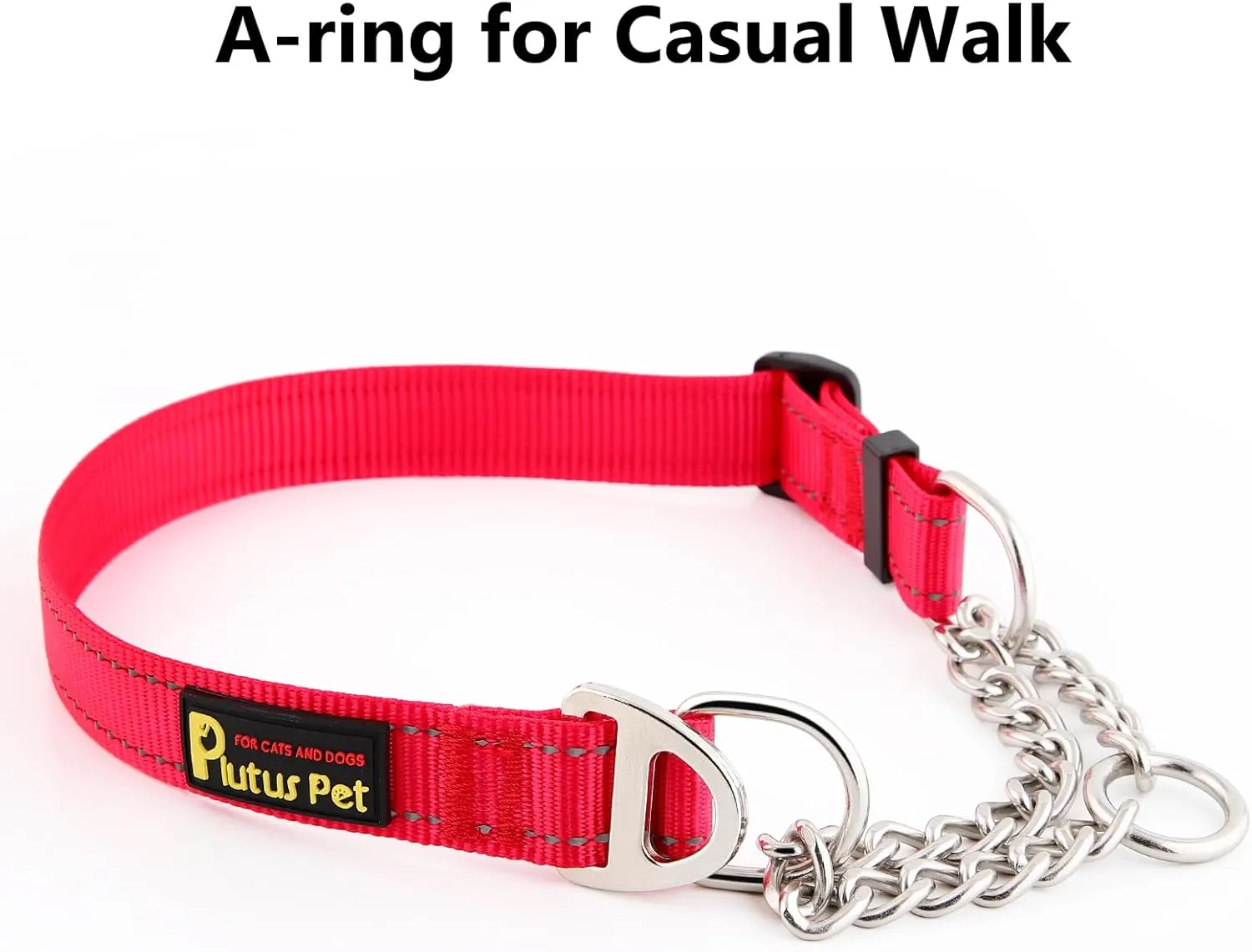 Plutus Pet Martingale Dog Collar with Stainless Steel Chain and Reflective Nylon, Adjustable No Pull Training Collar, for Small Medium, and Large Dogs, Red, L
