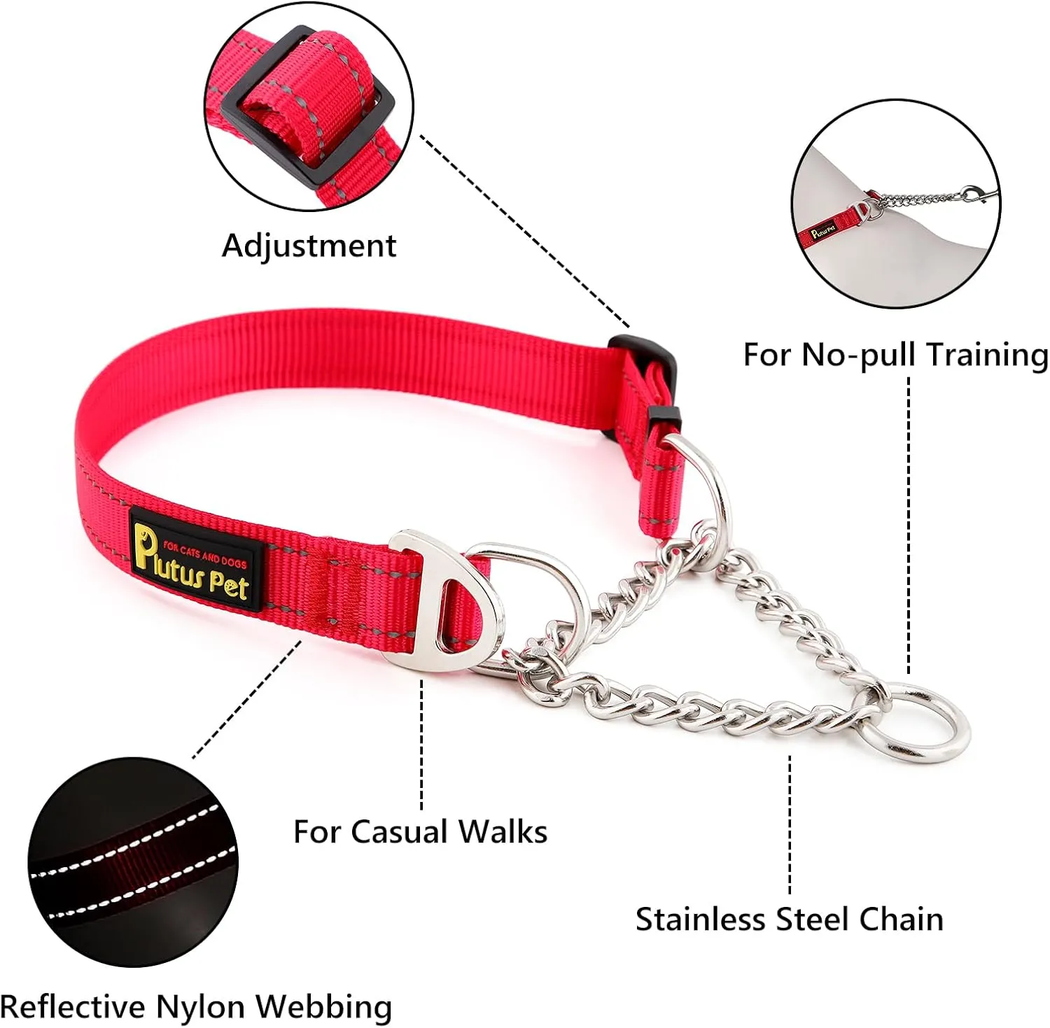 Plutus Pet Martingale Dog Collar with Stainless Steel Chain and Reflective Nylon, Adjustable No Pull Training Collar, for Small Medium, and Large Dogs, Red, L