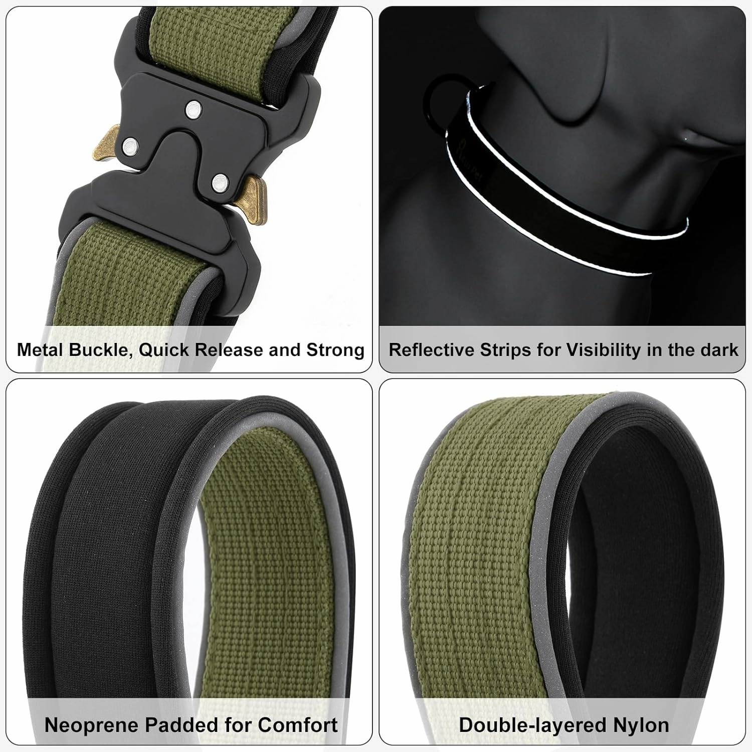 Plutus Pet Tactical Dog Collar, Reflective, Adjustable Heavy Duty Dog Collar, Soft Padded and Comfortable, for Small Medium and Large Dogs (Ranger Green, XL)