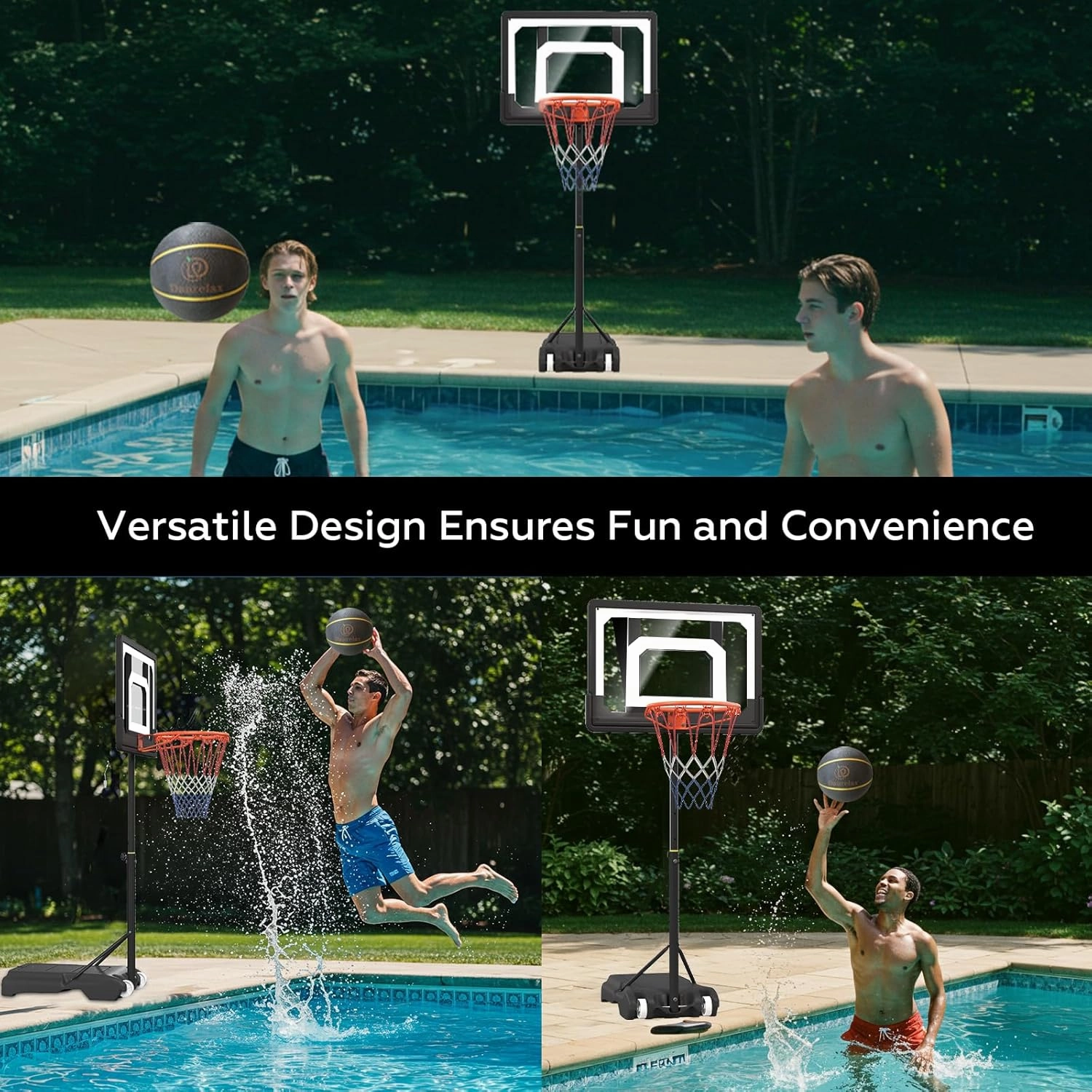 Pool Basketball Hoop, Height Adjustable 3.9" to 6.9", Black PE Frame, Water Base, Includes Air Pump, 8-Inch Rubber Ball, Indoor & Outdoor Use