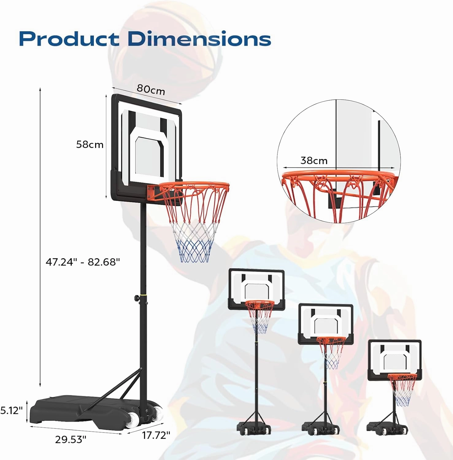 Pool Basketball Hoop, Height Adjustable 3.9" to 6.9", Black PE Frame, Water Base, Includes Air Pump, 8-Inch Rubber Ball, Indoor & Outdoor Use