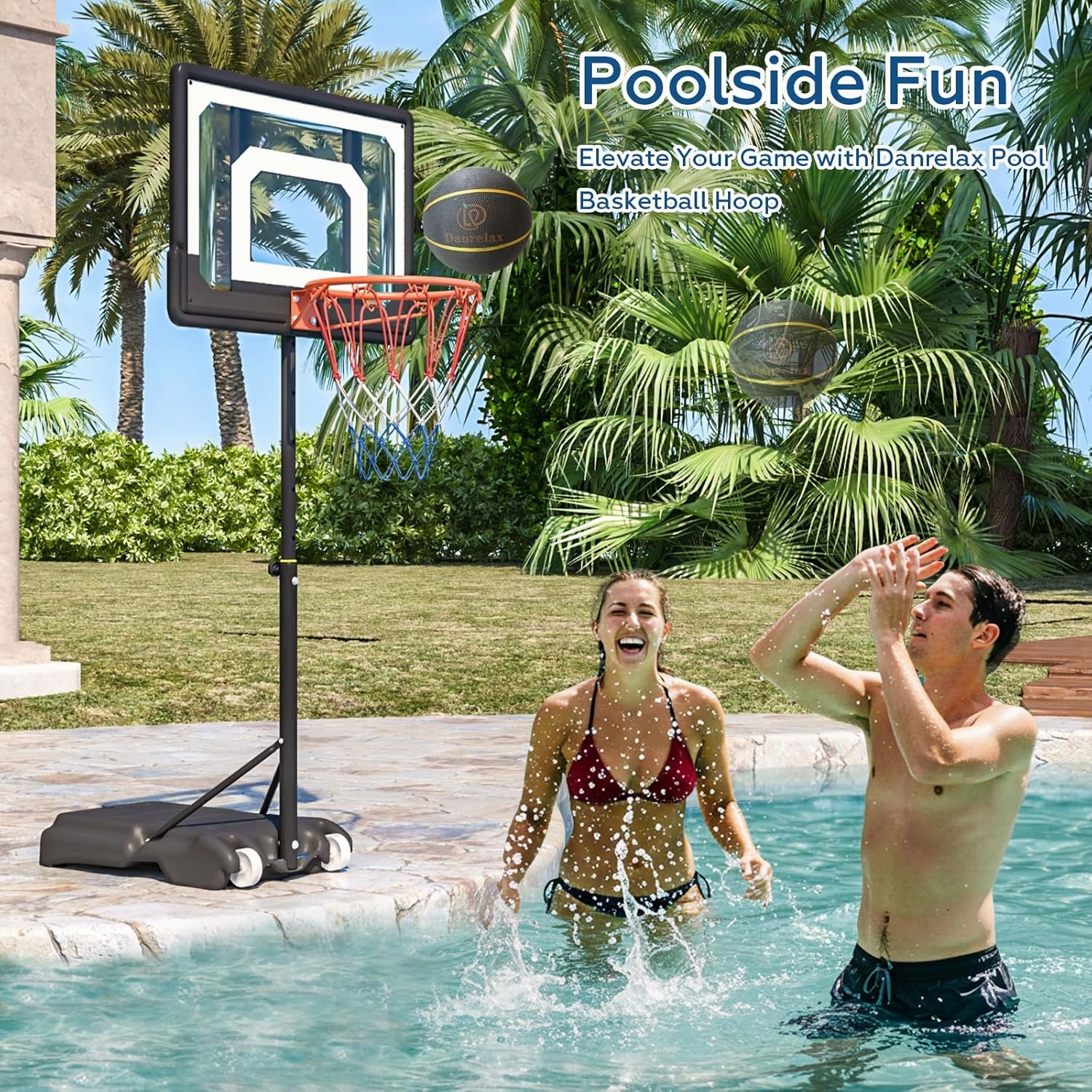 Pool Basketball Hoop, Height Adjustable 3.9" to 6.9", Black PE Frame, Water Base, Includes Air Pump, 8-Inch Rubber Ball, Indoor & Outdoor Use